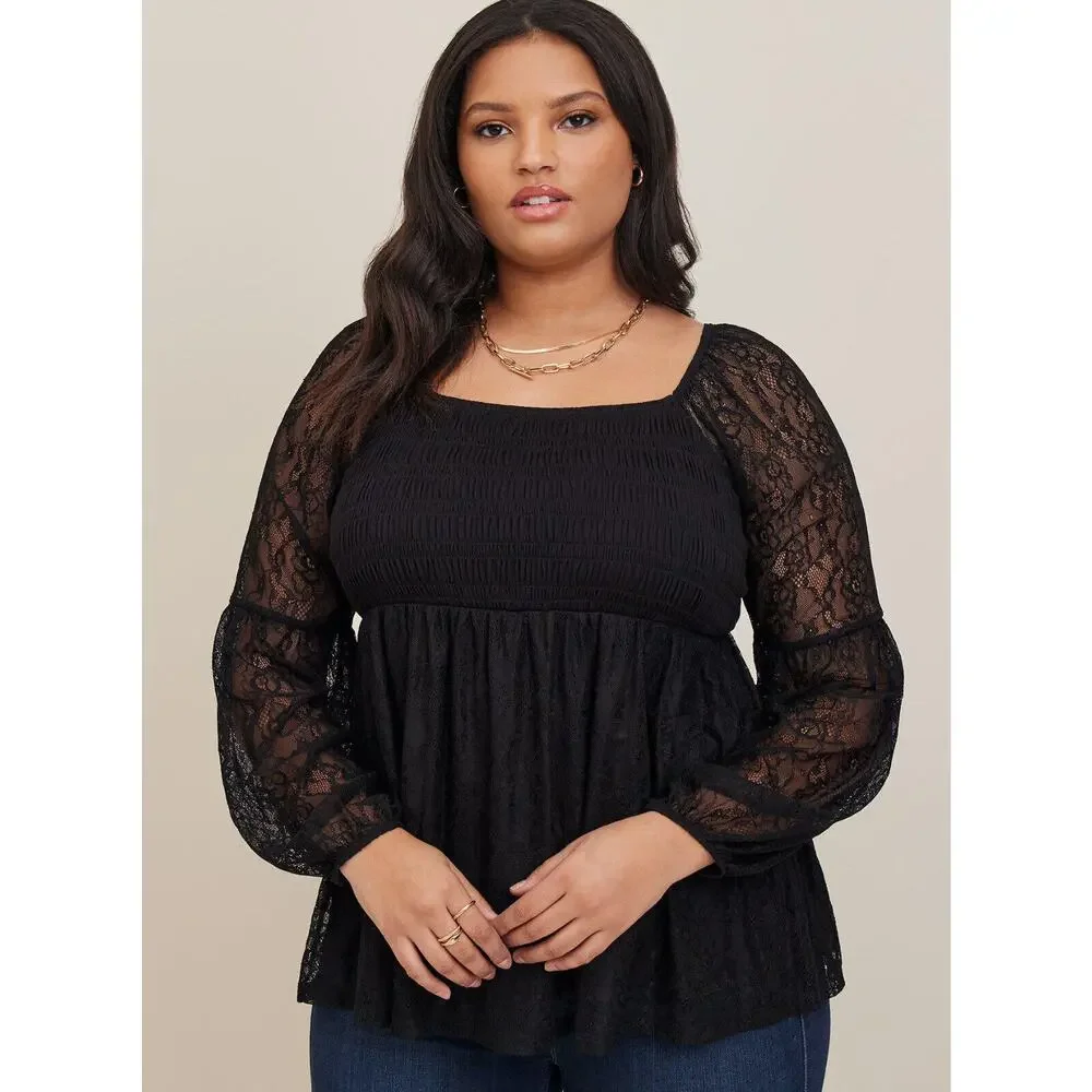 NWT Torrid Babydoll Stretch Lace Smocked Bodice Square Neck Top Sweetheart 5 5X - Picture 1 of 12